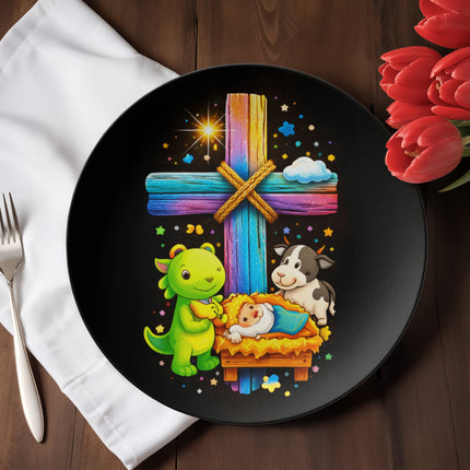 Baby Jesus Nativity & Dino Rainbow Cross Ceramic Plate – Christian Gift for Kids