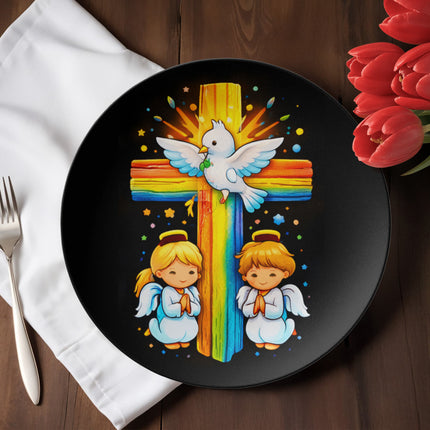Dove & Praying Angels Rainbow Cross Ceramic Plate – Christian Gift for Kids