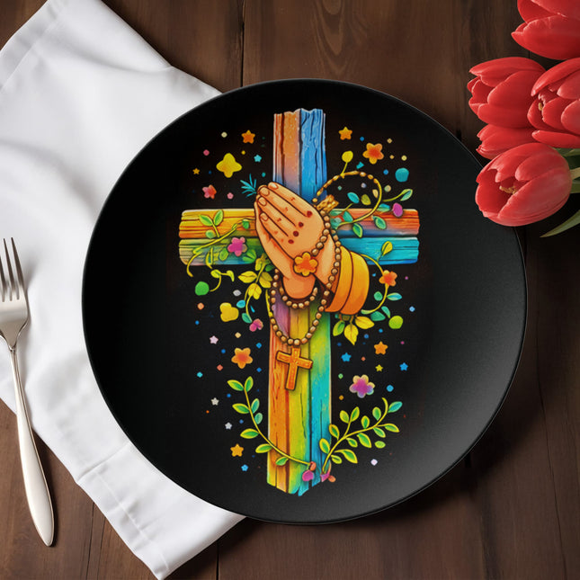 Praying Hands & Rosary Rainbow Cross Ceramic Plate – Christian Gift for Kids