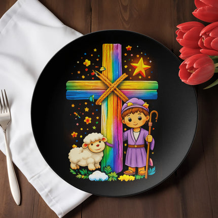 Shepherd Boy & Lamb Rainbow Cross Ceramic Plate – Christian Gift for Kids