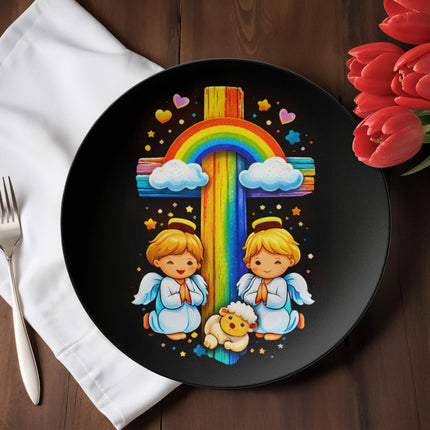 Angels & Lamb Rainbow Cross Ceramic Plate – Christian Gift for Kids