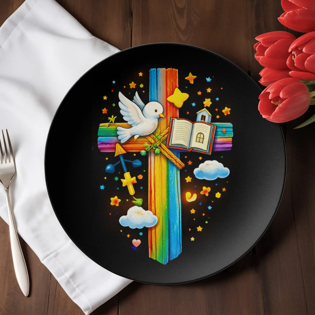 Dove & Open Bible Rainbow Cross Ceramic Plate – Christian Gift for Kids