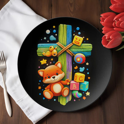 Kitten & ABC Blocks Rainbow Cross Ceramic Plate – Christian Gift for Kids