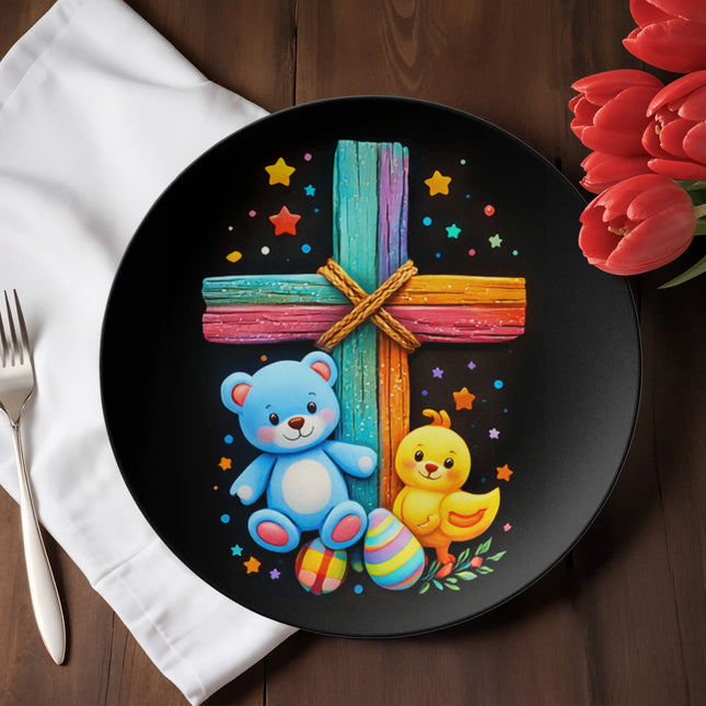 Rainbow Cross Teddy Bear & Chick Ceramic Plate – Christian Gift for Kids