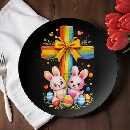 Easter Bunnies & Eggs Rainbow Cross Ceramic Plate – Christian Gift for Kids