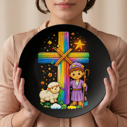 Shepherd Boy & Lamb Rainbow Cross Ceramic Plate – Christian Gift for Kids