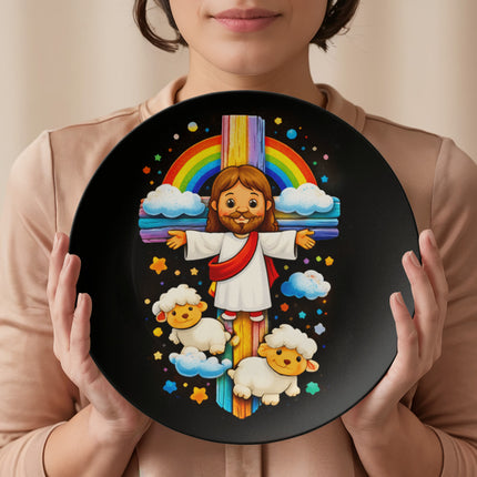Jesus & Little Lambs Rainbow Ceramic Plate – Christian Gift for Kids