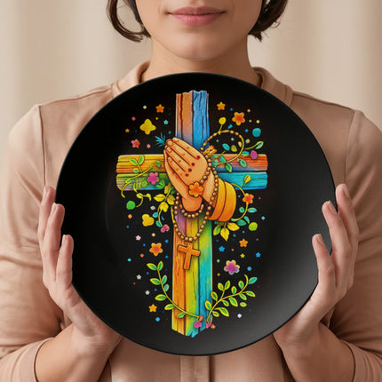 Praying Hands & Rosary Rainbow Cross Ceramic Plate – Christian Gift for Kids