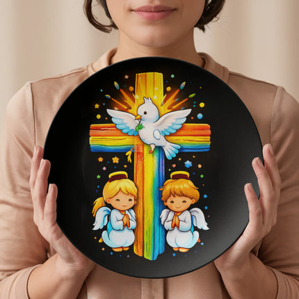 Dove & Praying Angels Rainbow Cross Ceramic Plate – Christian Gift for Kids