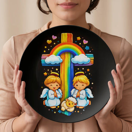 Angels & Lamb Rainbow Cross Ceramic Plate – Christian Gift for Kids
