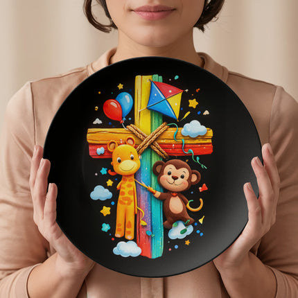 Giraffe & Monkey Rainbow Cross Ceramic Plate – Christian Gift for Kids