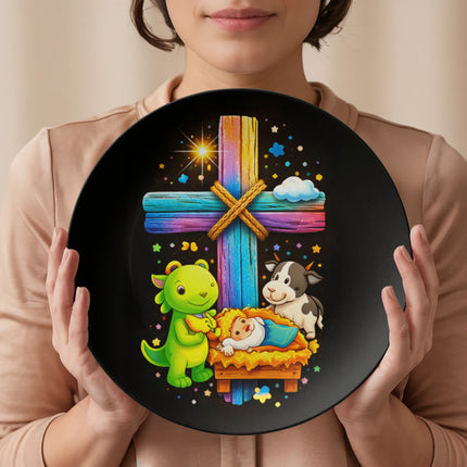 Baby Jesus Nativity & Dino Rainbow Cross Ceramic Plate – Christian Gift for Kids