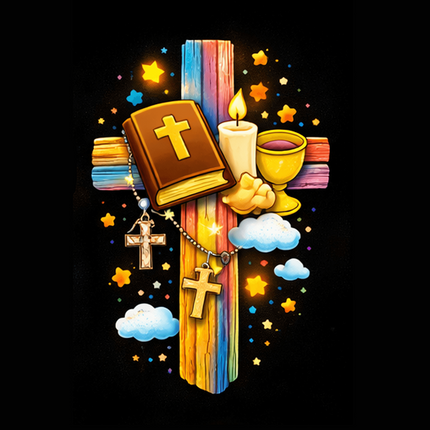 First Communion Bible & Chalice Rainbow Cross Ceramic Plate – Christian Gift for Kids