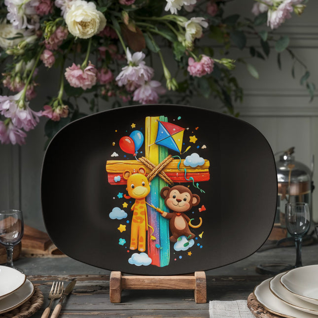 Giraffe & Monkey Rainbow Cross Platter – Christian Gift for Kids