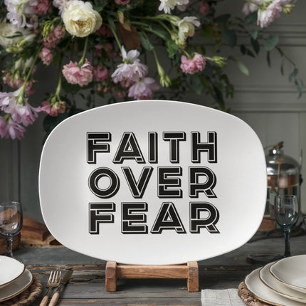 Modern Christian platter with Faith design — "Faith with work boots on" — a faith-forward gift for women
