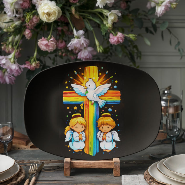 Dove & Praying Angels Rainbow Cross Platter – Christian Gift for Kids