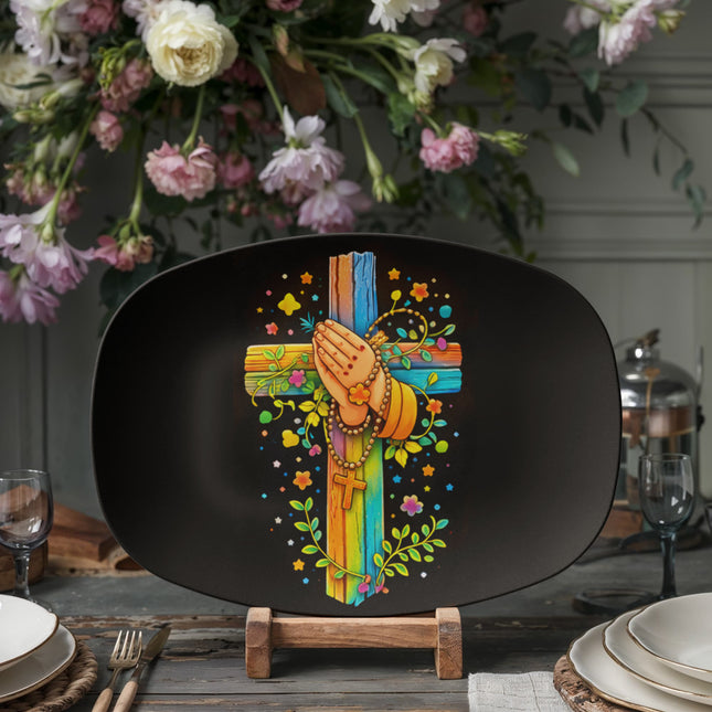 Praying Hands & Rosary Rainbow Cross Platter – Christian Gift for Kids
