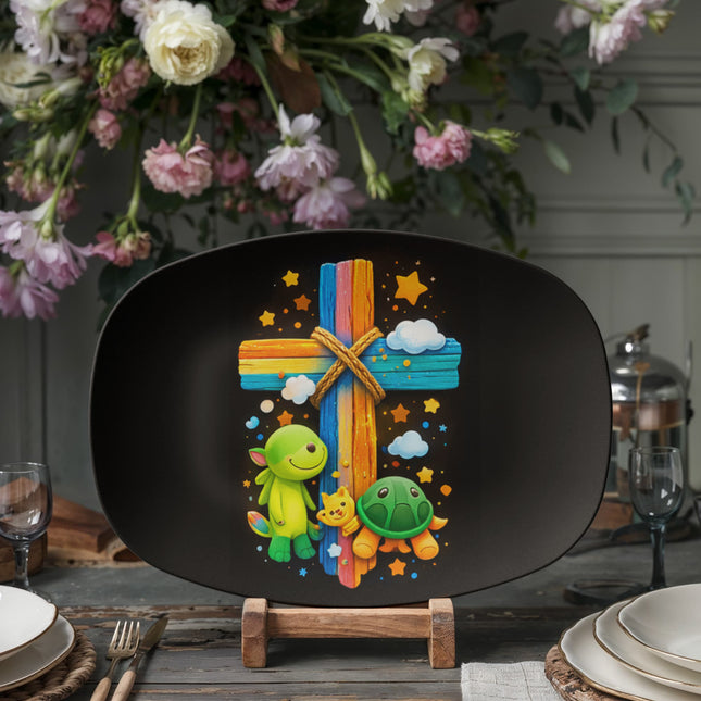 Dinosaur & Turtle Rainbow Cross Platter – Christian Gift for Kids