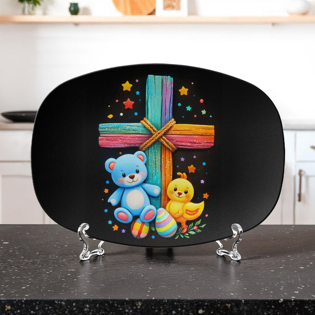 Teddy Bear & Easter Chick Cross Platter – Christian Gift for Kids