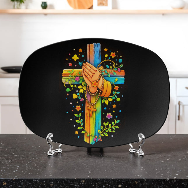 Praying Hands & Rosary Rainbow Cross Platter – Christian Gift for Kids