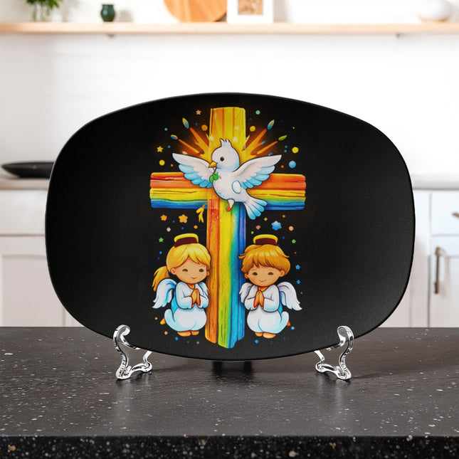 Dove & Praying Angels Rainbow Cross Platter – Christian Gift for Kids