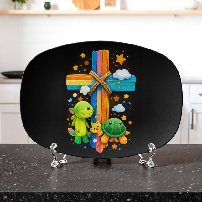 Dinosaur & Turtle Rainbow Cross Platter – Christian Gift for Kids