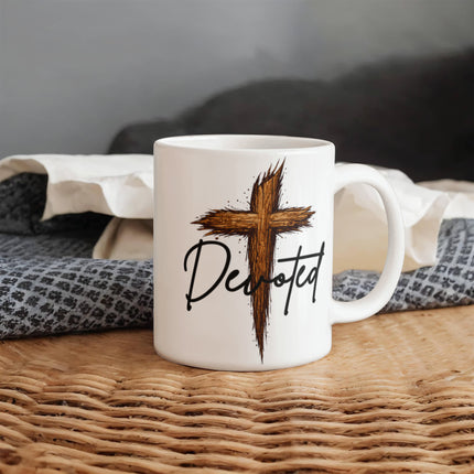Christian Coffee Mug | Devoted Wooden Cross Ceramic Mug (11 & 15 oz)