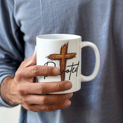 Christian Coffee Mug | Devoted Wooden Cross Ceramic Mug (11 & 15 oz)