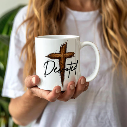 Christian Coffee Mug | Devoted Wooden Cross Ceramic Mug (11 & 15 oz)
