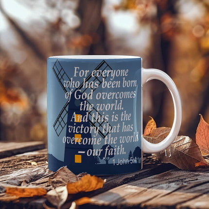 1 John 5:4 Christian coffee mug – “our faith overcomes the world” Bible verse mug