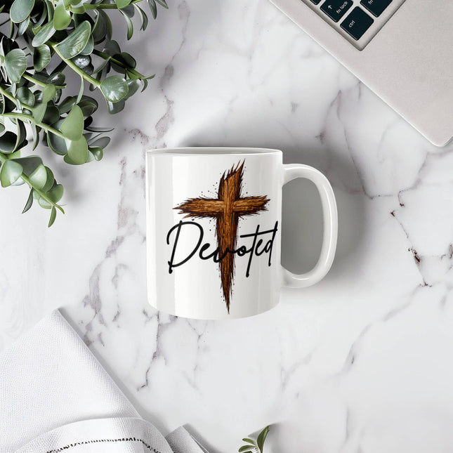 Christian Coffee Mug | Devoted Wooden Cross Ceramic Mug (11 & 15 oz)