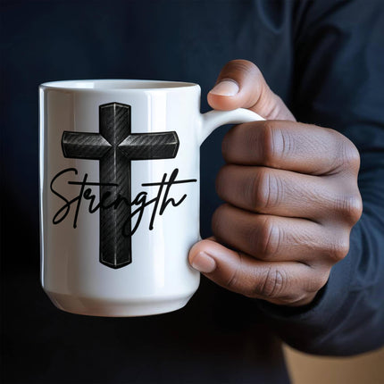 Christian Coffee Mug | Strength Cross Ceramic Mug (11 & 15 oz)