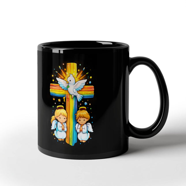Rainbow Cross Angels And Dove | Christian Black Ceramic Mugs | Gift for Kids