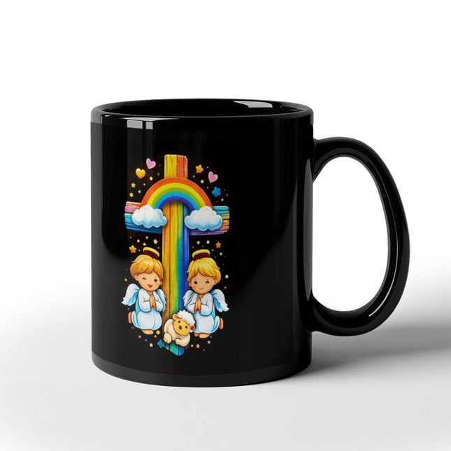 Rainbow Cross Cherub Angels | Christian Black Ceramic Mugs | Gift for Kids