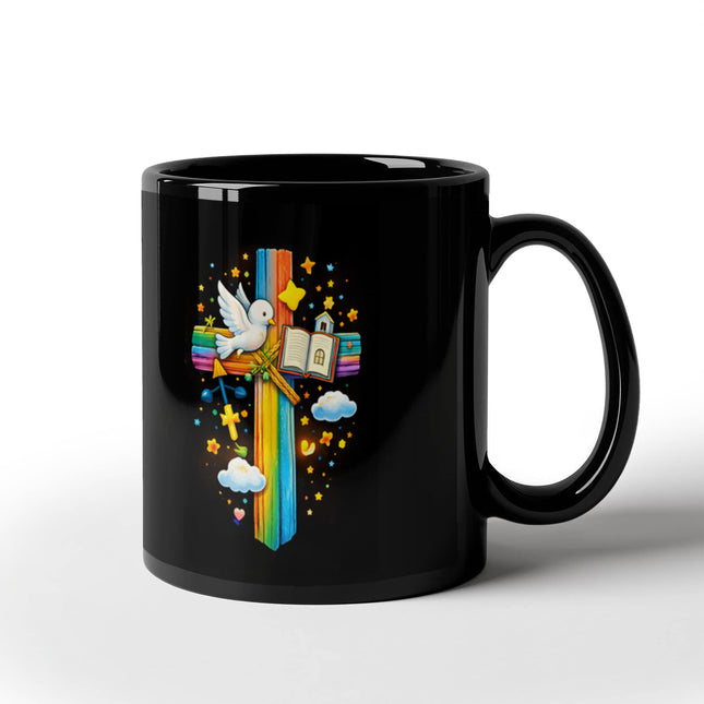 Rainbow Cross Open Bible | Christian Black Ceramic Mugs | Gift for Kids