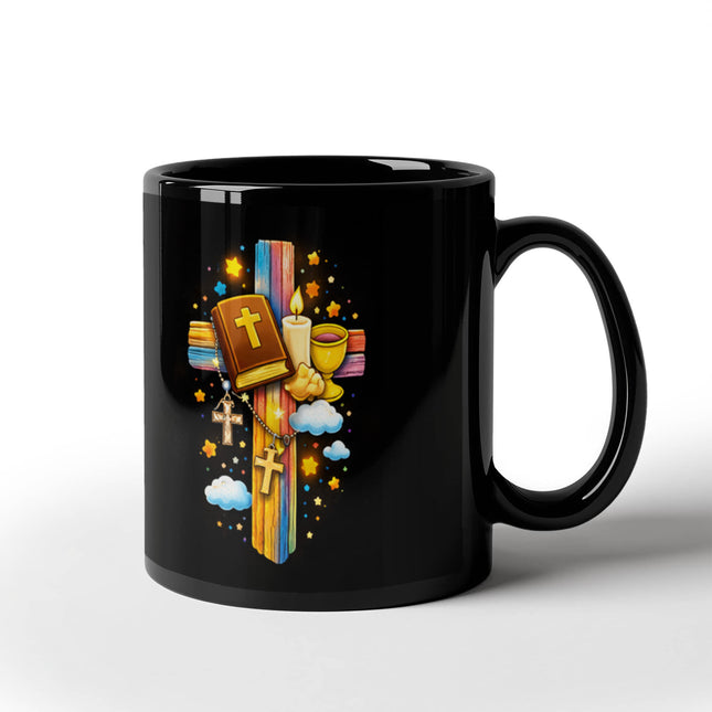 Rainbow Cross Bible And Cross | Christian Black Ceramic Mugs | Gift for Kids