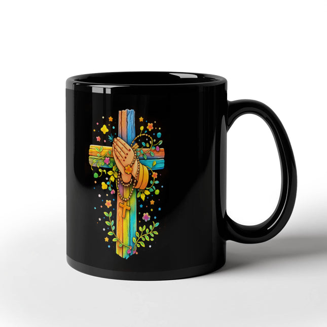 Rainbow Cross Praying Hands | Christian Black Ceramic Mugs | Gift for Kids