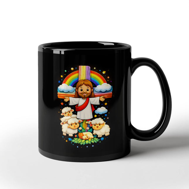 Jesus And Little Lambs | Christian Black Ceramic Mugs | Gift for Kids