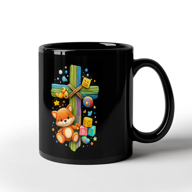 Rainbow Cross Little Fox | Christian Black Ceramic Mugs | Gift for Kids