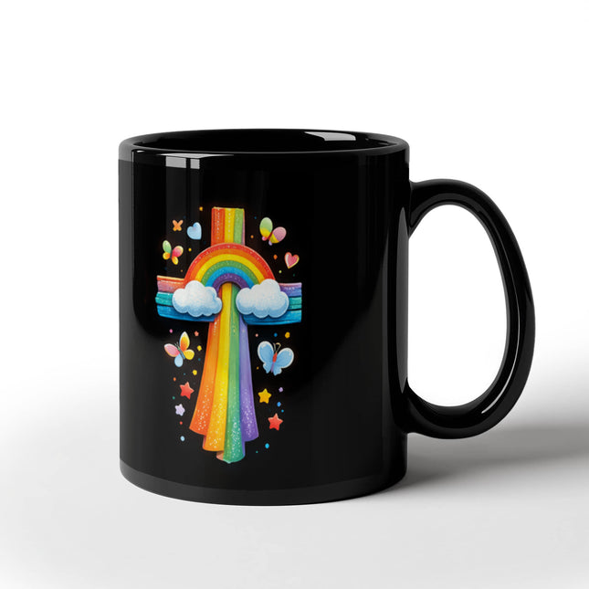 Rainbow Cross Butterfly | Christian Black Ceramic Mugs | Gift for Kids