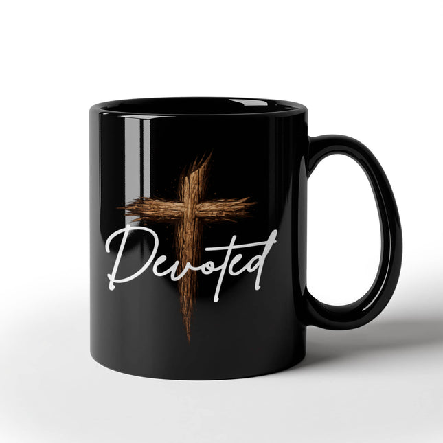 Christian Coffee Mug | Devoted Wooden Cross Black Ceramic Mug (11 & 15 oz)