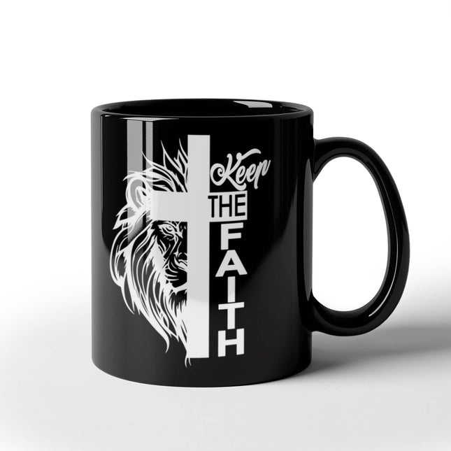 Keep The Faith Lion Cross | Christian Black Mug | Gift for Her
