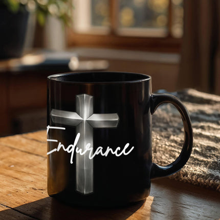 Endurance Cross Black Coffee Mug – Christian Gift for Men