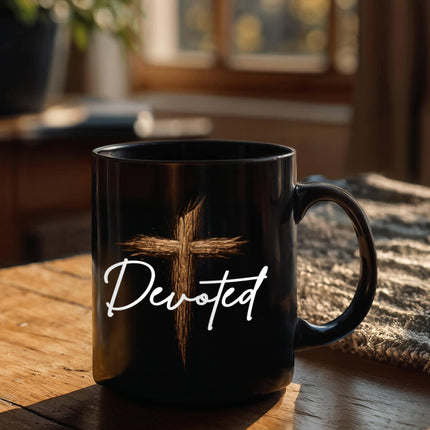Christian Coffee Mug | Devoted Wooden Cross Black Ceramic Mug (11 & 15 oz)