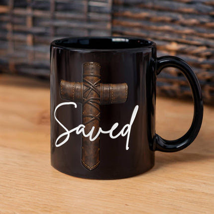 Saved Cross Black Coffee Mug – Christian Gift for Men
