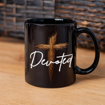 Devoted Cross Black Coffee Mug – Christian Gift for Men