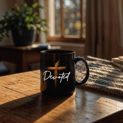 Christian Coffee Mug | Devoted Wooden Cross Black Ceramic Mug (11 & 15 oz)