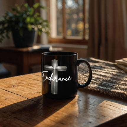 Endurance Cross Black Coffee Mug – Christian Gift for Men