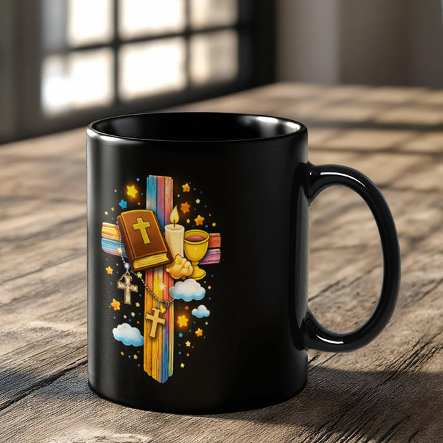 Rainbow Cross Bible And Cross | Christian Black Ceramic Mugs | Gift for Kids