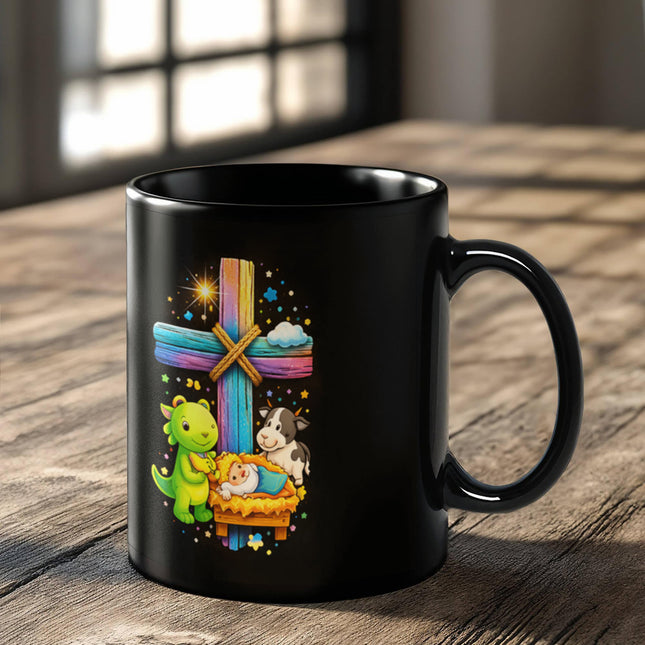 Rainbow Cross Frog And Cow | Christian Black Ceramic Mugs | Gift for Kids